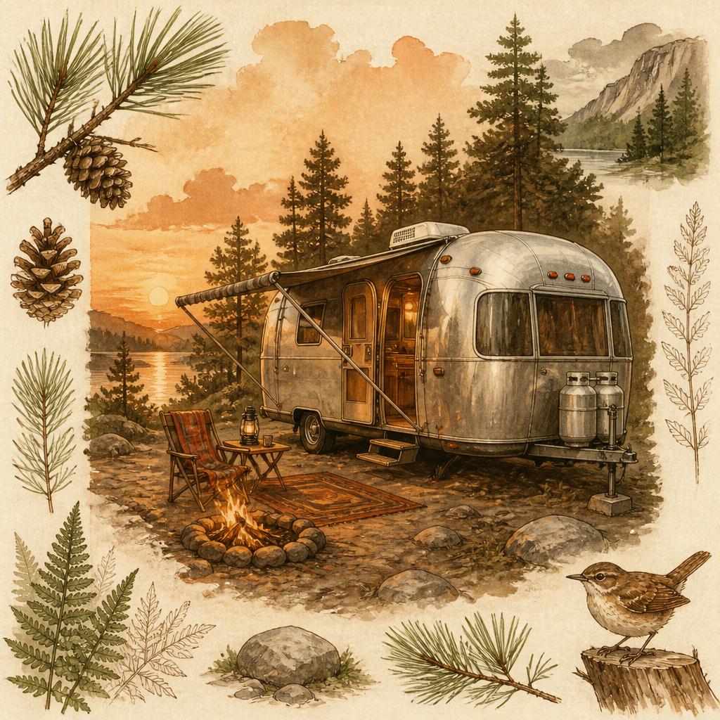 Watercolor illustration of a vintage Airstream RV at a forested campsite